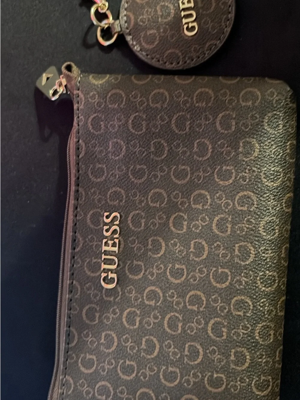 Guess Black Monogram Zip Card & Key Pouch with Gold Logo